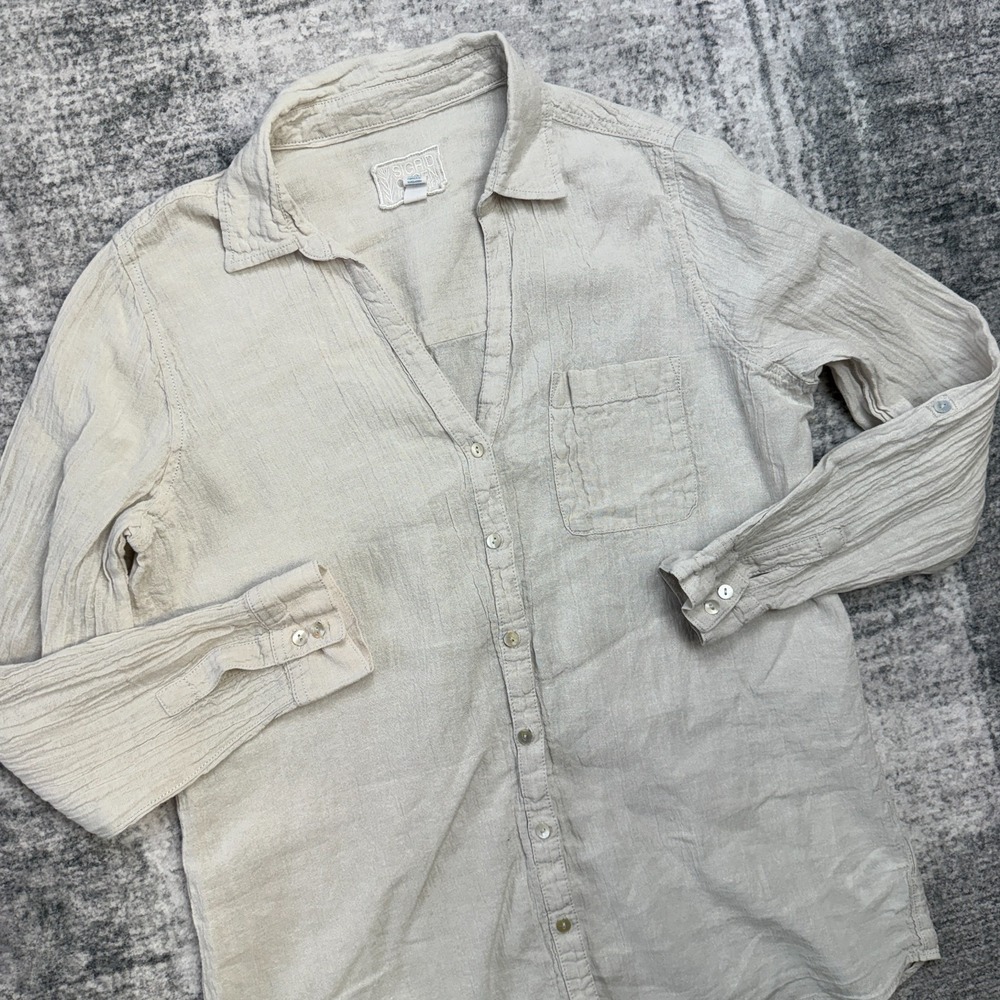 Sigrid Olsen Top Womens Medium Sandy Beige Linen Tunic Button Up‎ Gauzy Coastal
